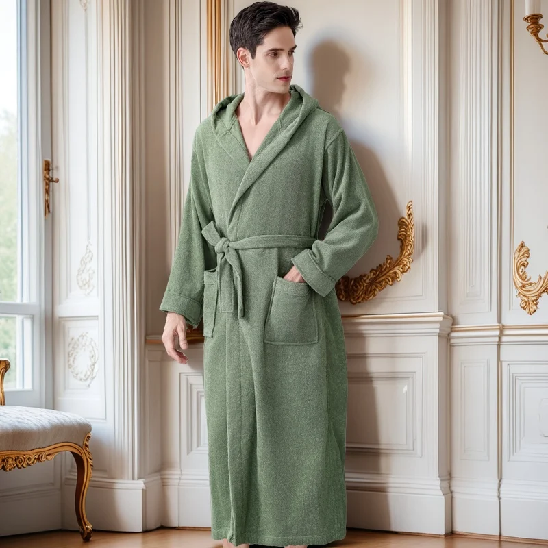 100% Cotton Bathrobe Man Extra Long Male Thick Towel Fleece Dressing Gown Men's Bathrobe Winter Robe Plus Size XXL Robe Pajamas