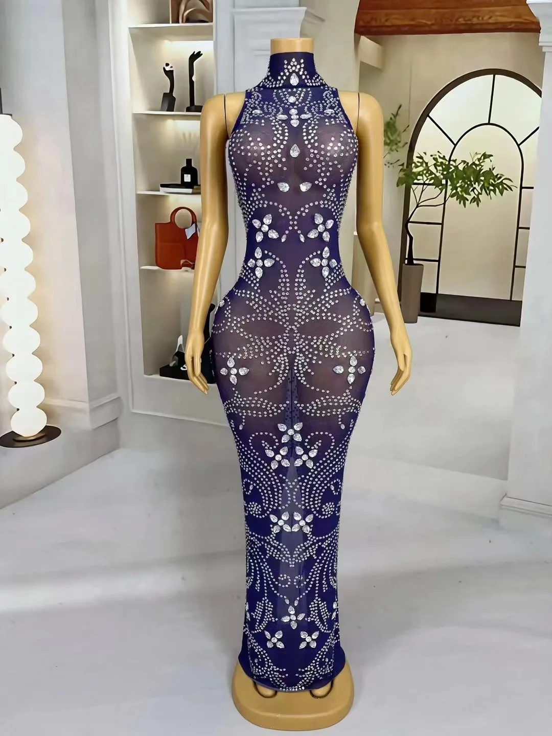 Sexy Transparent High Side Split Long Train Blue Women Dress Mesh Birthday Celebrate Evening Prom Costume Performance Stage Wear