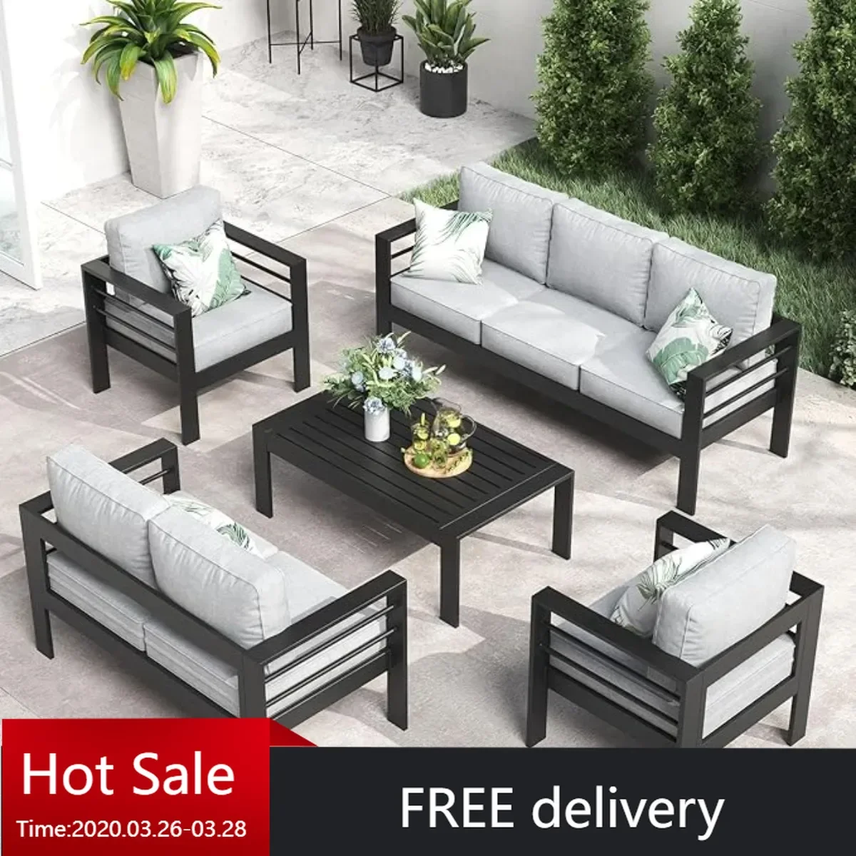 Outdoor Aluminum Furniture Set, 5 Pieces Patio Sectional Conversation Chat Sofa Modern Seating Set with Coffee Table