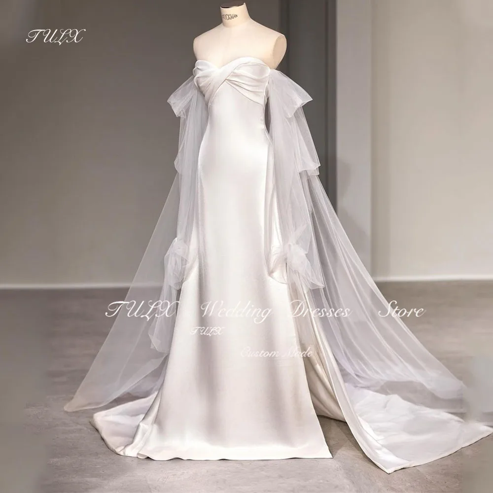 

TULX Elegant Sweetheart Satin Wedding Dress Floor Length Sweep Bridal Gowns Tulle Sleeve Korea Photoshoot Zip/Button Back 웨딩드레스