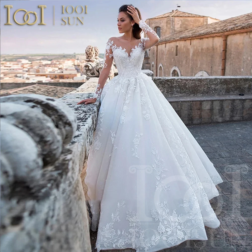 IOOISUN Illusion Long Sleeve Wedding Dresses Applique Lace Lady V-Neck Bridal Dress Princess Backless Ball Gown Customized