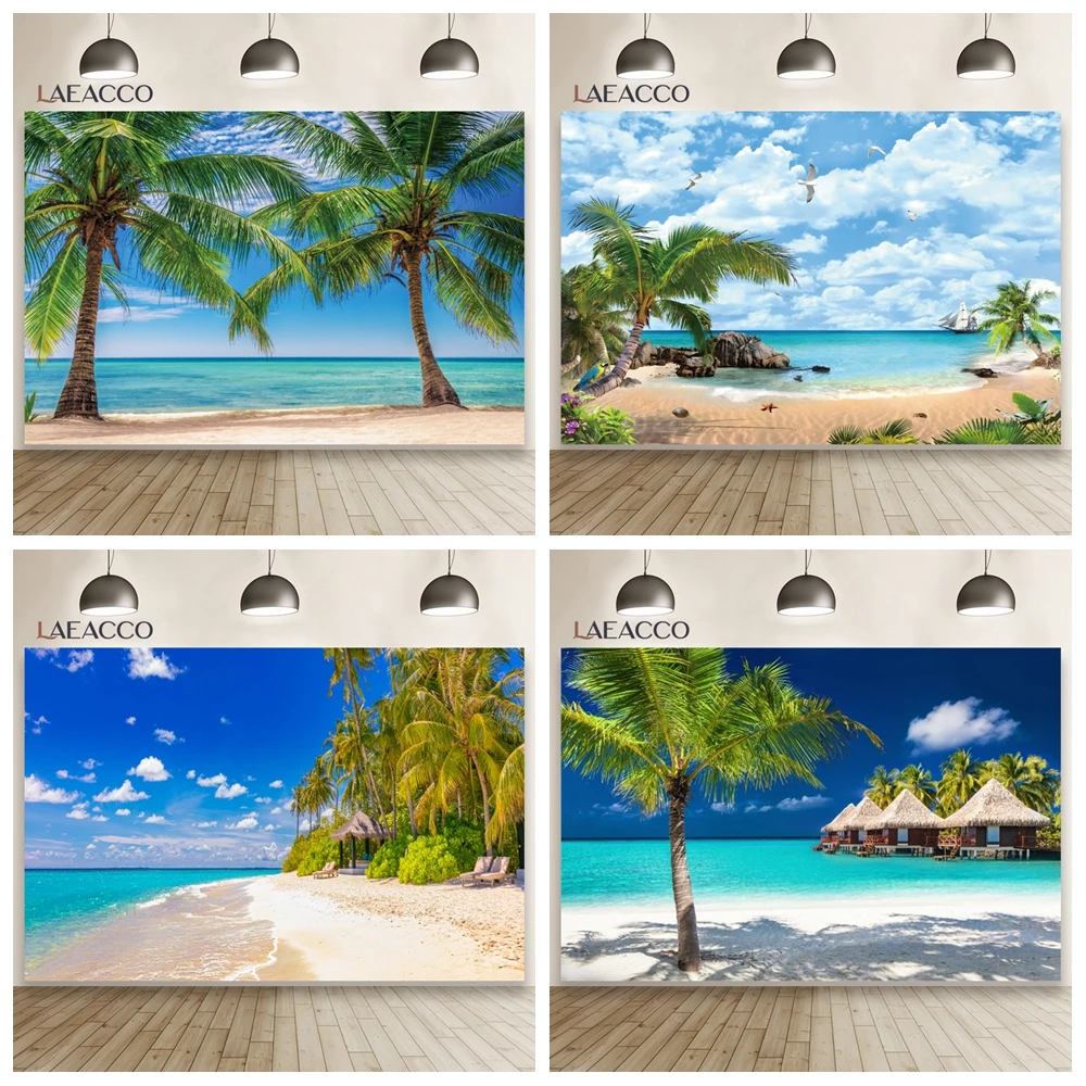 Vinyl Backgrounds For Photography Tropical Palms Tree Sea Beach Holidays Blue Sky Scenic Photo Backdrops Photocall Photo Studio