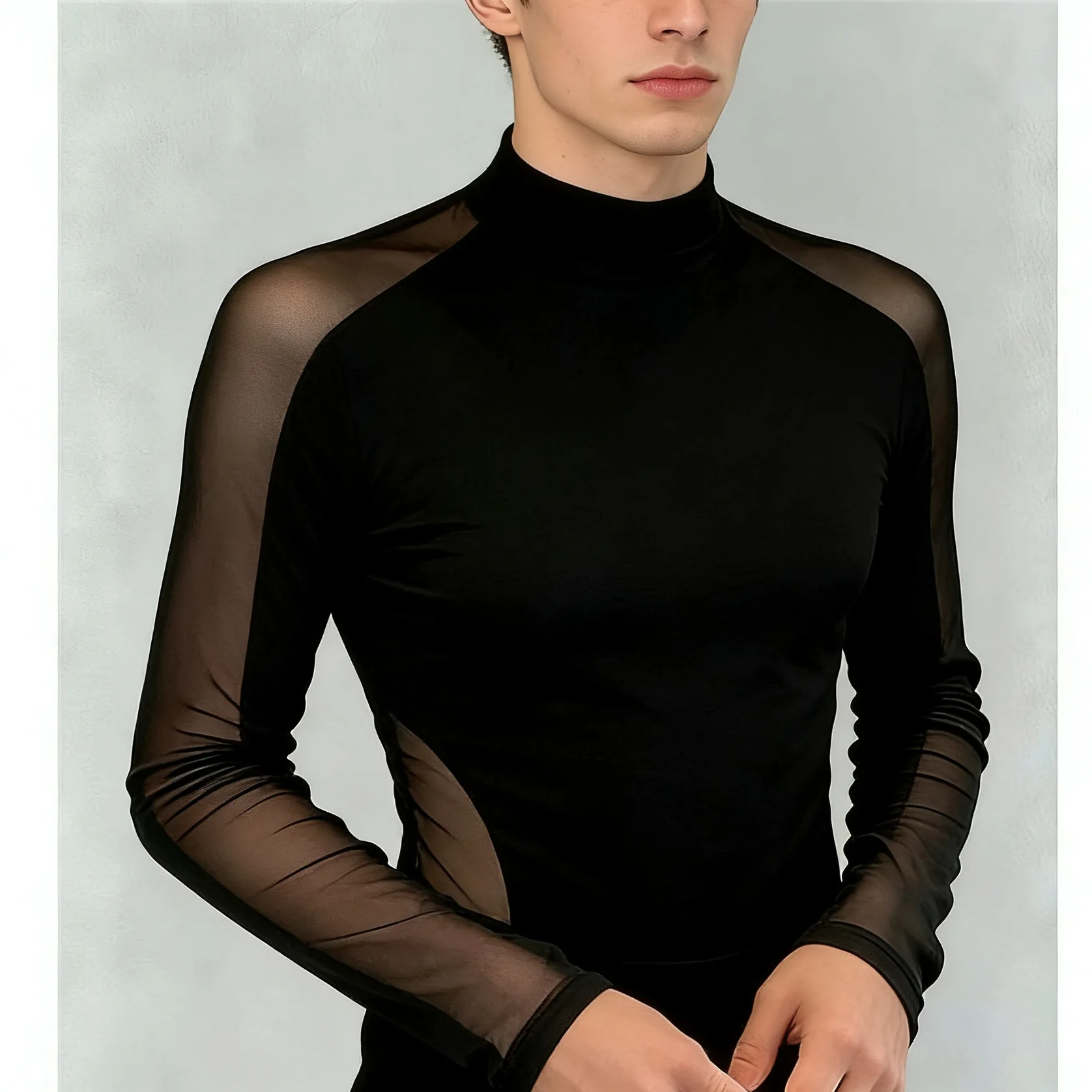 Large Size Men's Black Mesh Long-sleeved T-shirt Perspective Elastic Tights Bottoming Shirt Night Men's Model Clothes - view 4