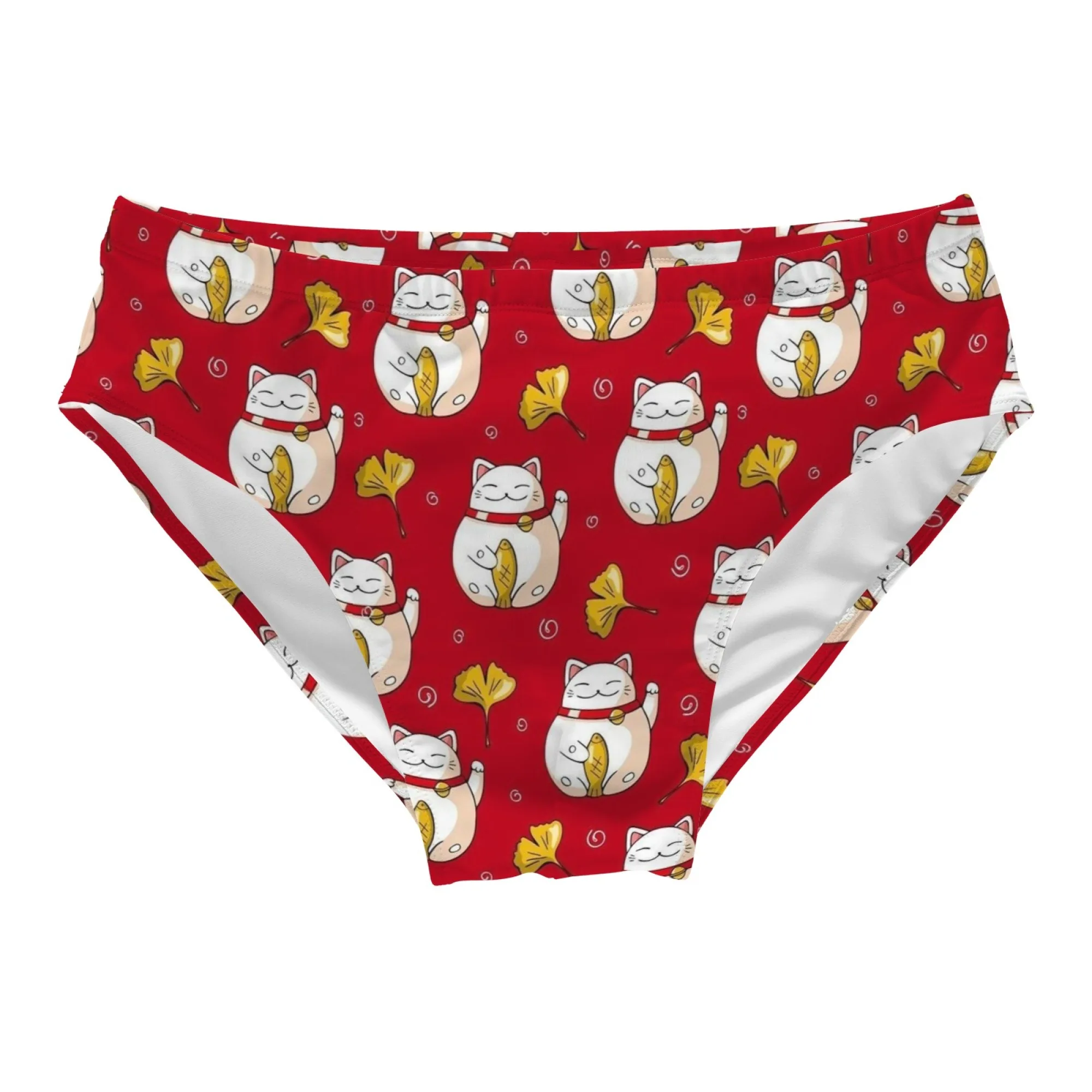 Lucky Cat Ginkgo Swim Trunks Slim Fit Durable Drawstring Triangle Swim Trunks Water Parks Island Sunbathing Men's Vacations Gift