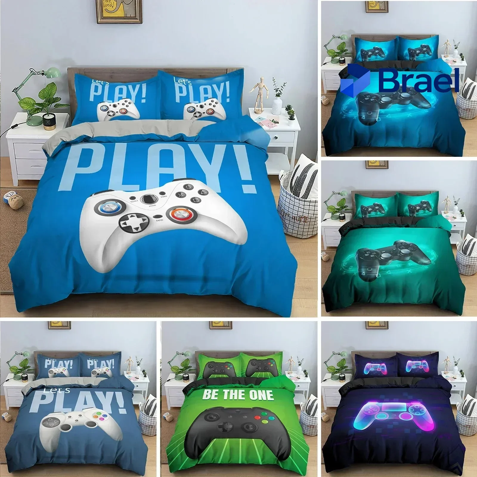 Exquisite Kids Teens Video Games Duvet Cover Set Boys Gamer Comforter Cover Gaming Controller Pattern Bedding Set Polyester Quil