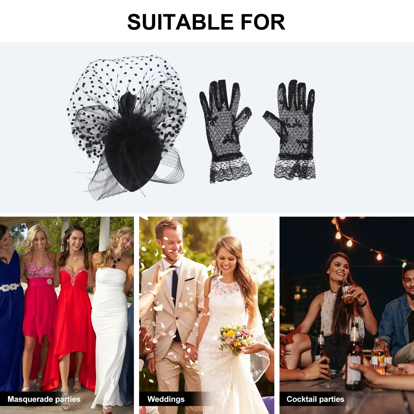 1세트 치파오 드레스 액세서리 레트로 메쉬 망사 모자 장갑 세트 연회 웨딩 촬영 파티 베일 헤드드레스