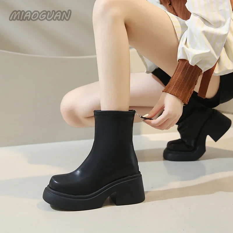 Thick Bottom Ankle Boots for Women Spring Autumn Fashion Black White Women\'s Shoes Chunky High Heels Round Head Short Botines