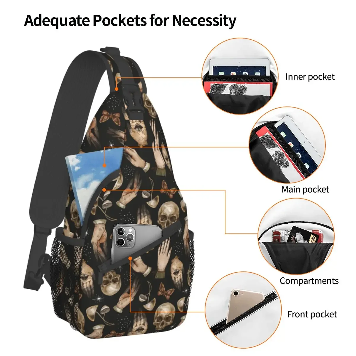 Magical Skull Witch Hands Small Sling Bag Chest Crossbody Shoulder Sling Backpack Outdoor Sport Daypacks Mushroom Men Women Pack