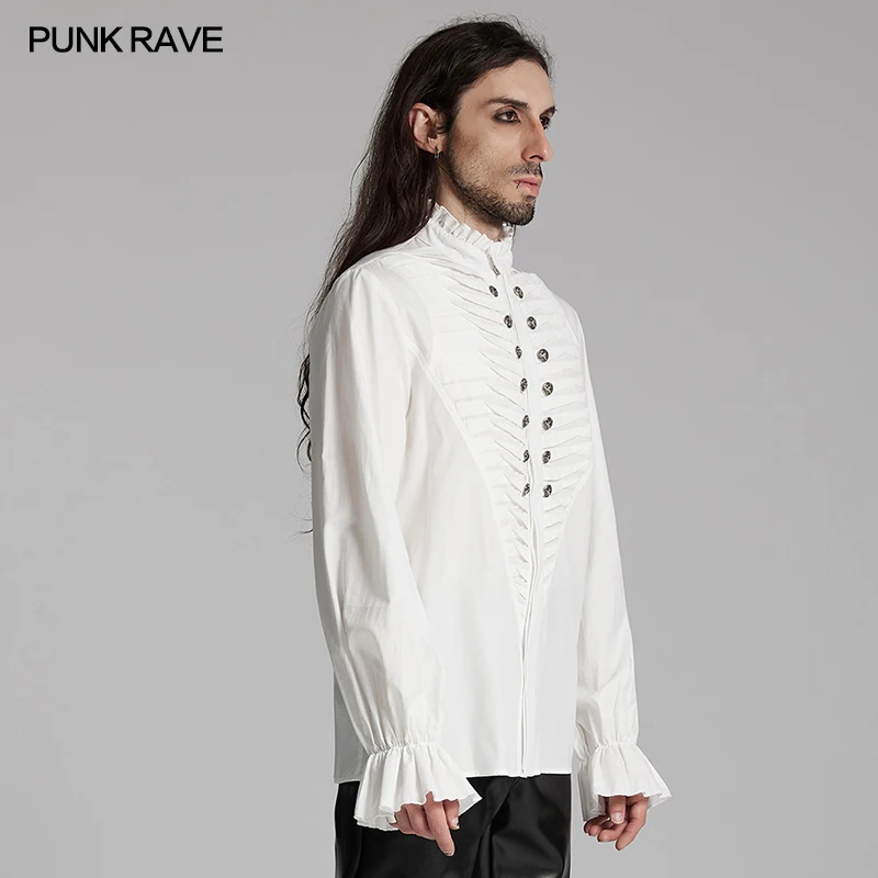 PUNK RAVE Men's Gothic 3D Pleated Shirt Exquisite Metal Beast Head Buckles Arty Club Tops Two Colors Available Men Clothing