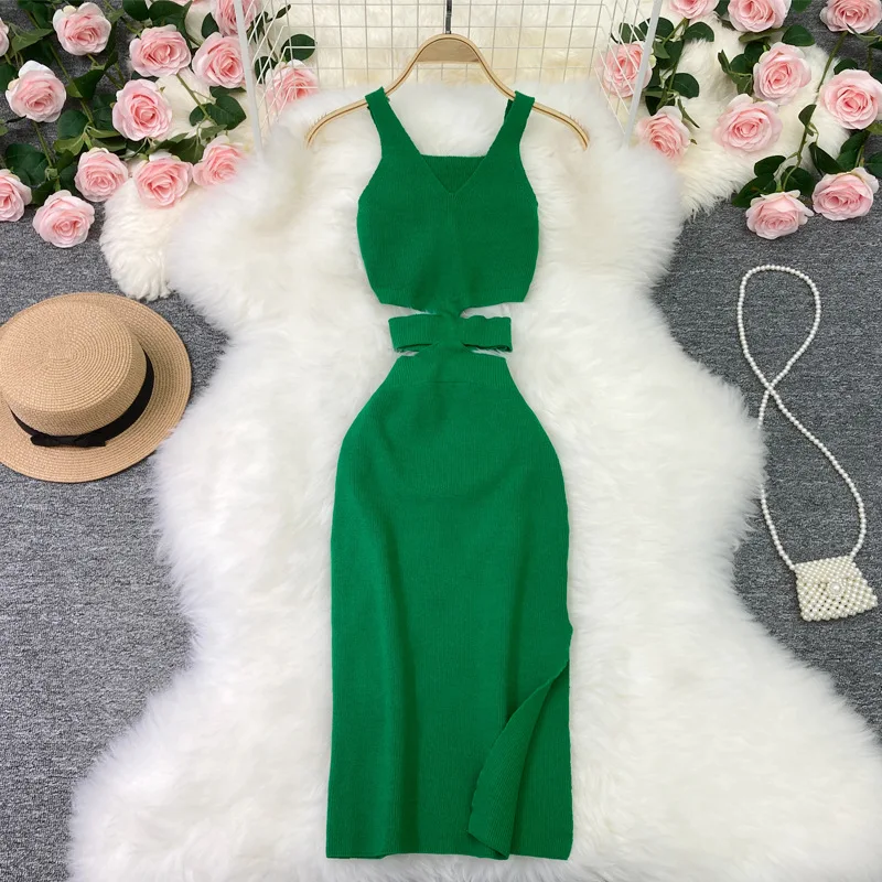 Ficusrong Summer Women Knit Sexy Strap Dress Hollow Out Elatic Waist Bodycon Sundress Dresses Beach Split Backless Long Dress