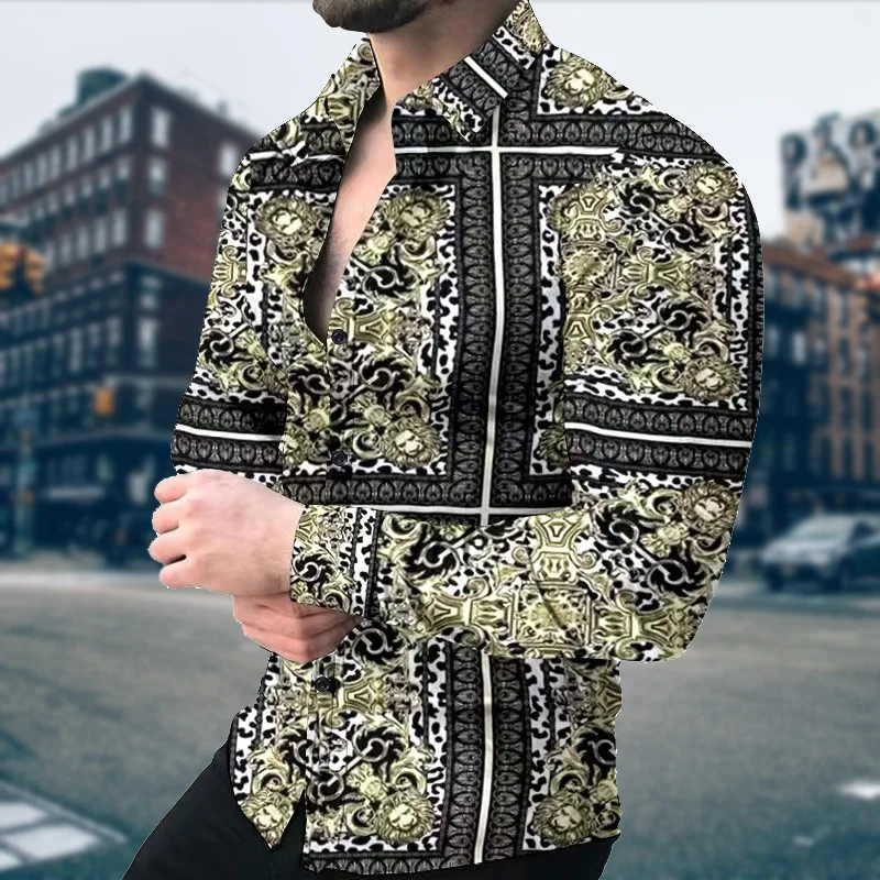 Men\'s Gold Luxury Printed Long sleeved Shirt Large Casual Cardigan Shirt Family Gathering High Quality New Fashion Shirt