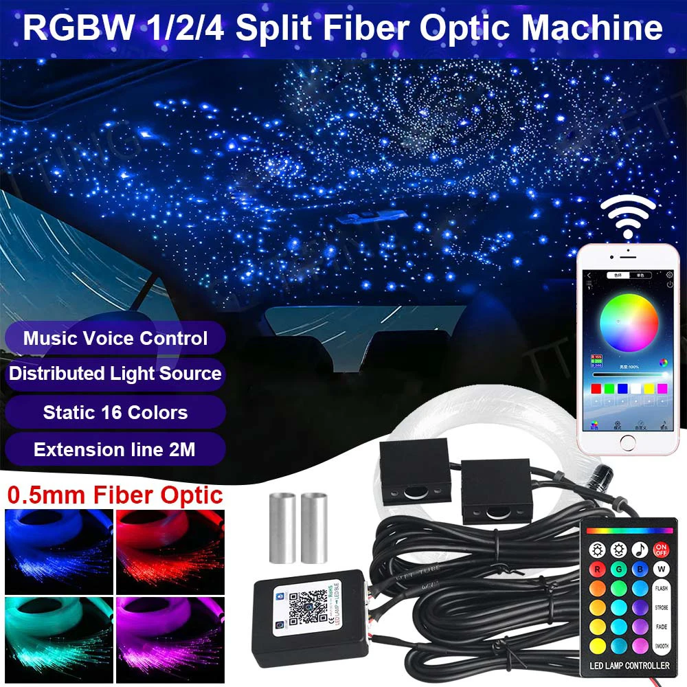 

Новый комплект потолочных светильников RGBW 1/2/4/ Split Fiber Optic Star, умное управление звуком, светодиодный двигатель для автомобиля, звездное небо, оптоволоконный светильник