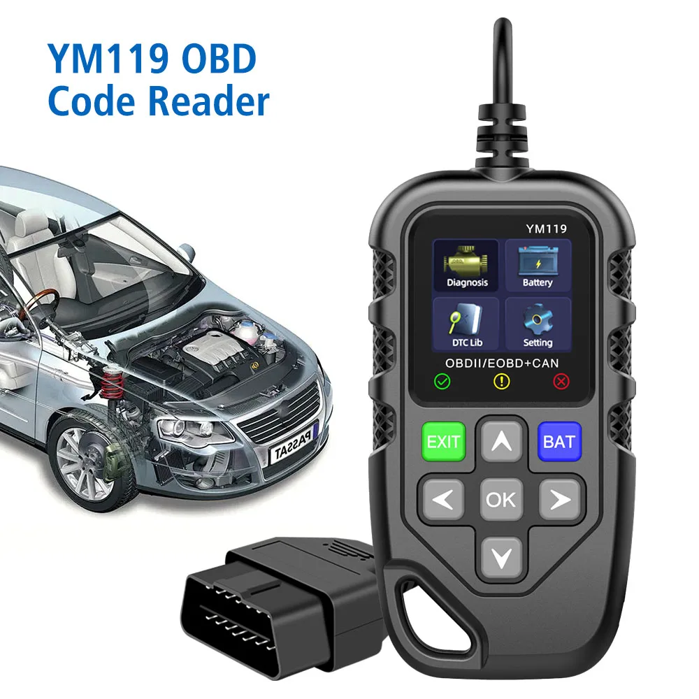 

Считыватель кодов OBD2 YM119, автомобильный диагностический инструмент, многоязычный очиститель/стирание кодов, сканер OBDII