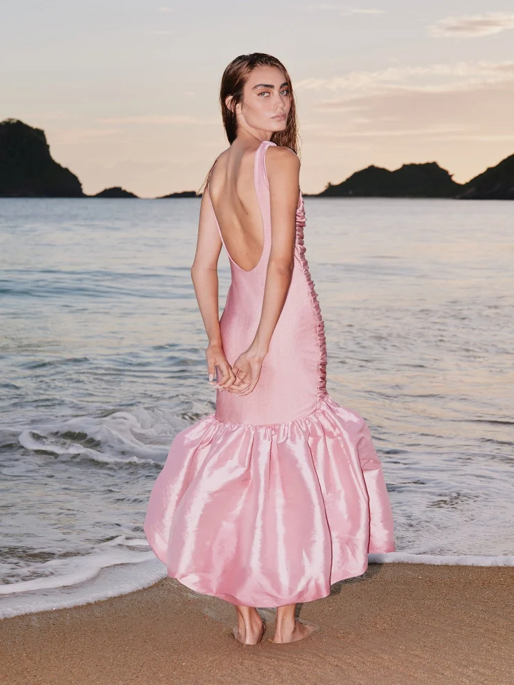 

Ele Pink Bubble Skirt Bal Satin Dr Gentle Princ Sle Spring Summer New Arrival Women's High Waist Long Dr