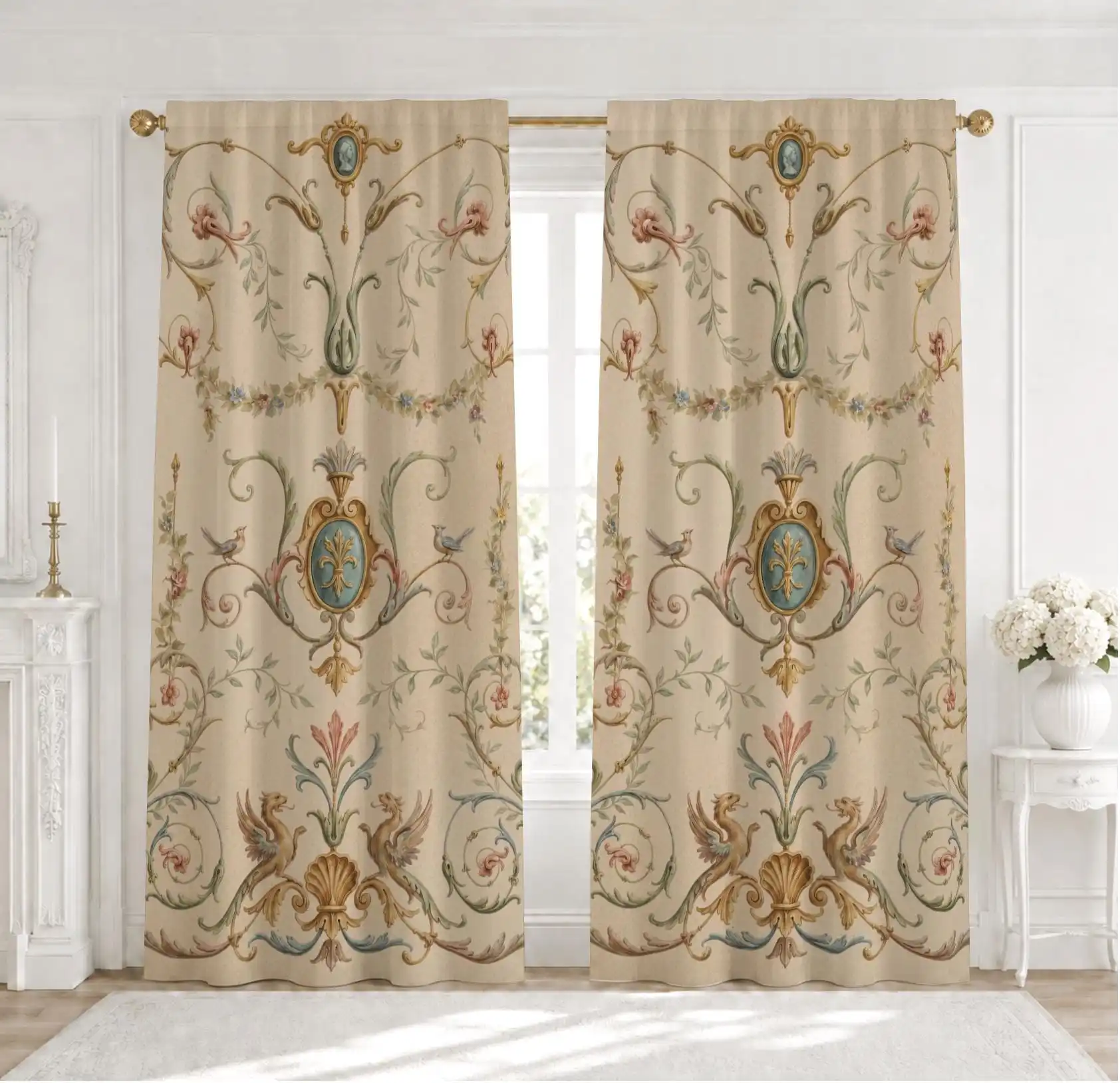Elegant Vintage Damask Pattern Curtains Beige Living Room Drapes 50 Percent Light Filtering Home Decor