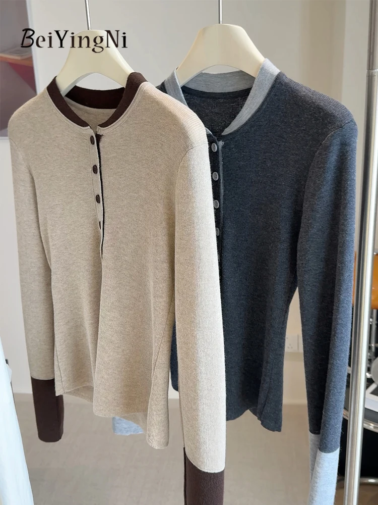 

Beiyingni 2025 New Fashion Women's Sweater Spliced Gray Elegant French Leisure Full Sleeve Pullover Top Female Slim Fit Sweaters