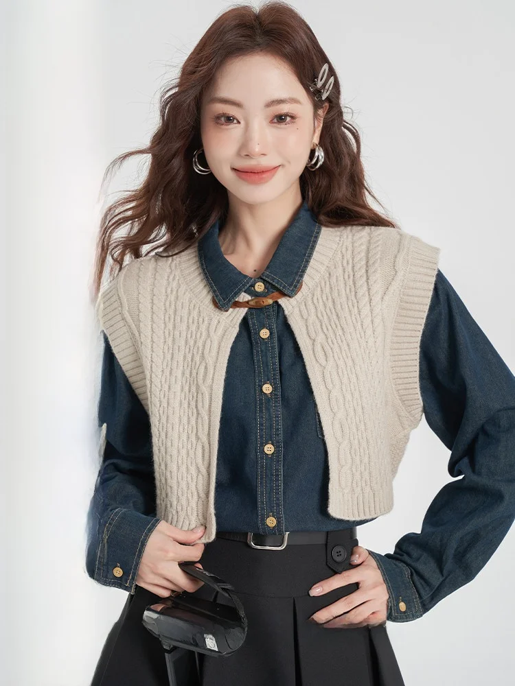 

Вязаный открытый кардиган в стиле ретро, женская верхняя одежда, топ, милый жилет с V-образным вырезом на одной пуговице, комплект стандартной длины