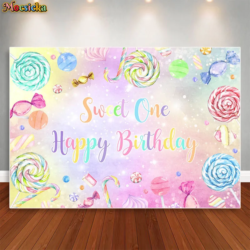 Fondo de fotografía de feliz cumpleaños Candy Sweet One, telón de fondo de piruleta de colores, pancarta de fiesta de 1er cumpleaños de niña rosa, cabina de fotos