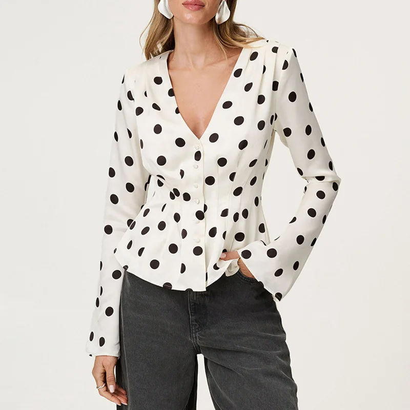 

2026 autumn new autumn French high-end loose V-neck polka dot long sleeved shirt temperament women's top Y2K