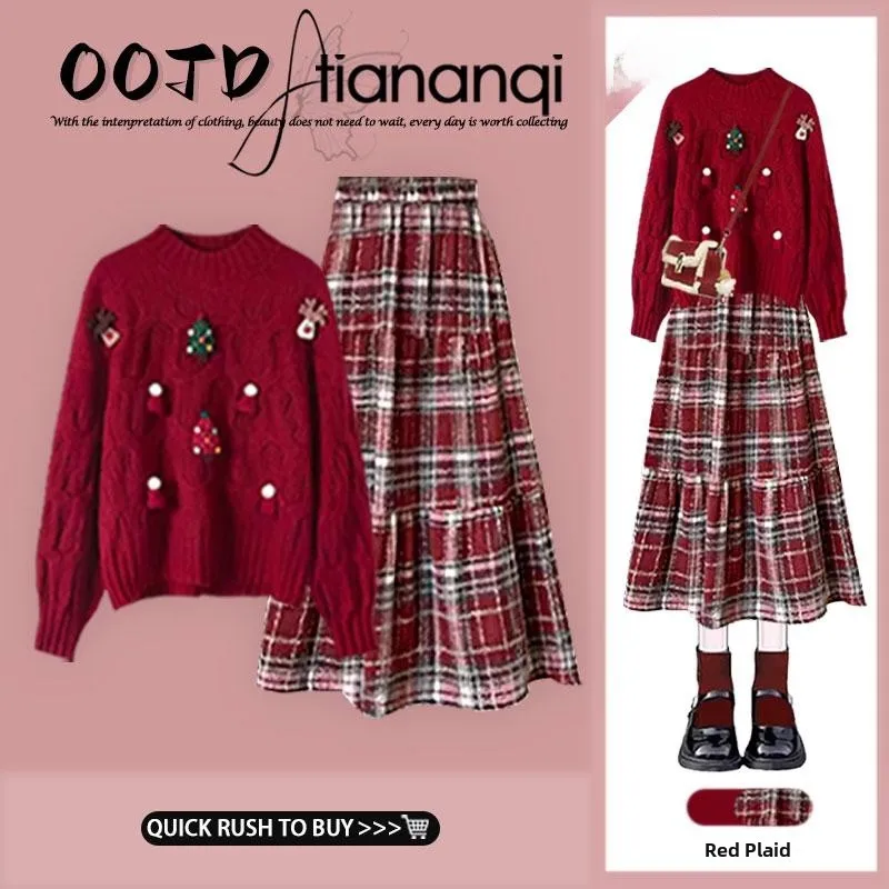 

Red Cisas round Ne Knitted Sweater Women's Autumn Winter Lazy Loose Top with High Waist Plaid Skirt Set