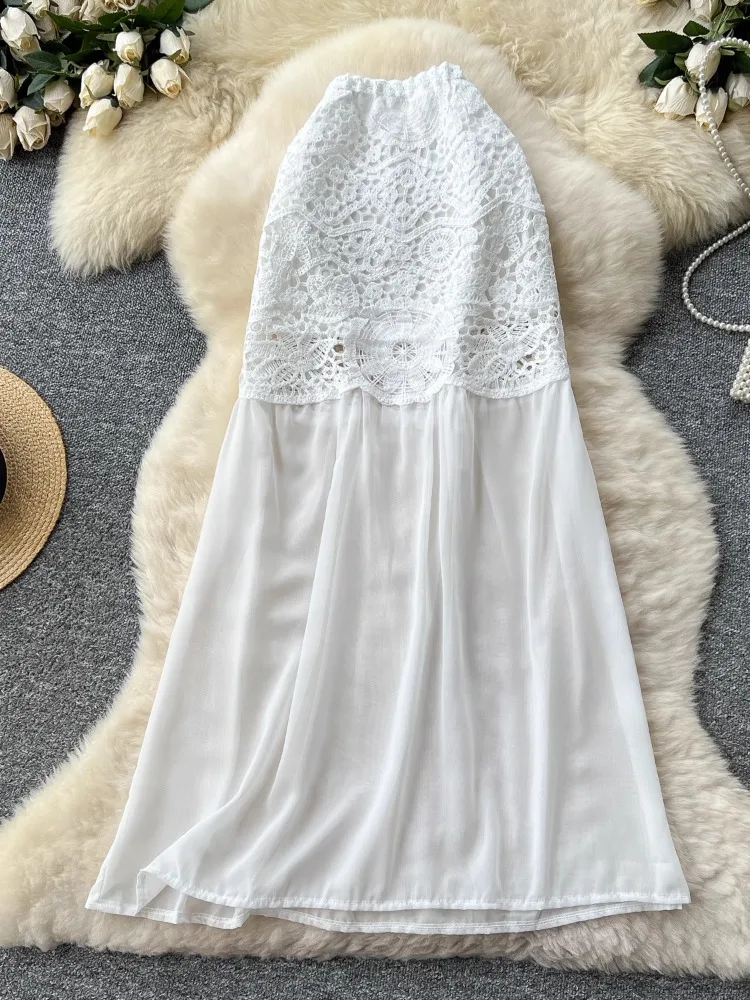 Boho Vantage Knitted Hollow Hook Flower Mesh Splicing A-line Skirt Summer Women' Skirts New Skinny Elastic High Waist Maxi Skirt