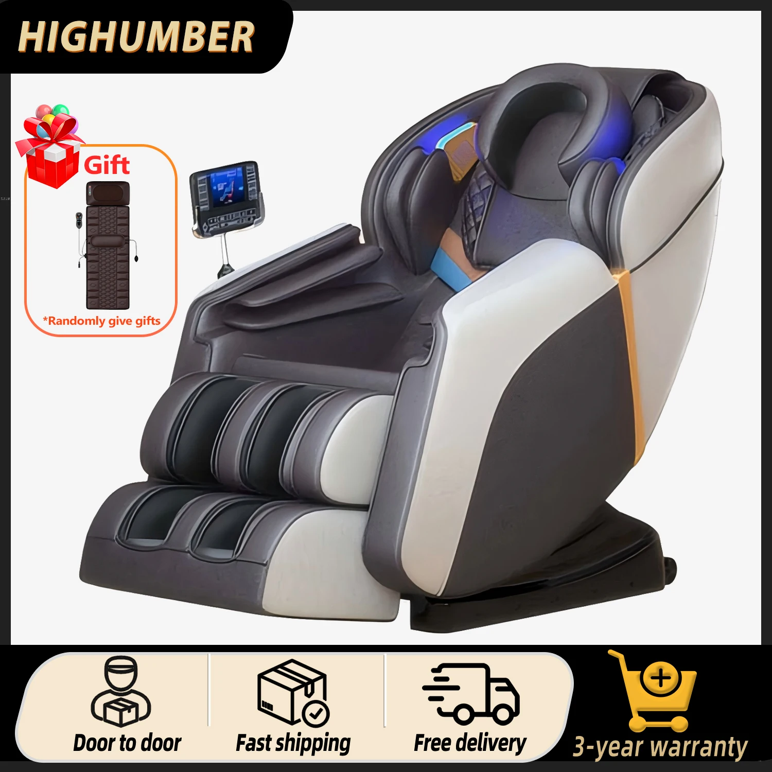 

4D массажное кресло для всего тела, массажное кресло шиацу с нулевой гравитацией, Bluetooth-динамик, подушки безопасности, подогрев и массаж ног