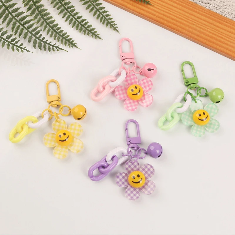 Lovely Sunflower Smiling Bell Pendant Keychain Women Candy Color Bag Key Charms For Gift