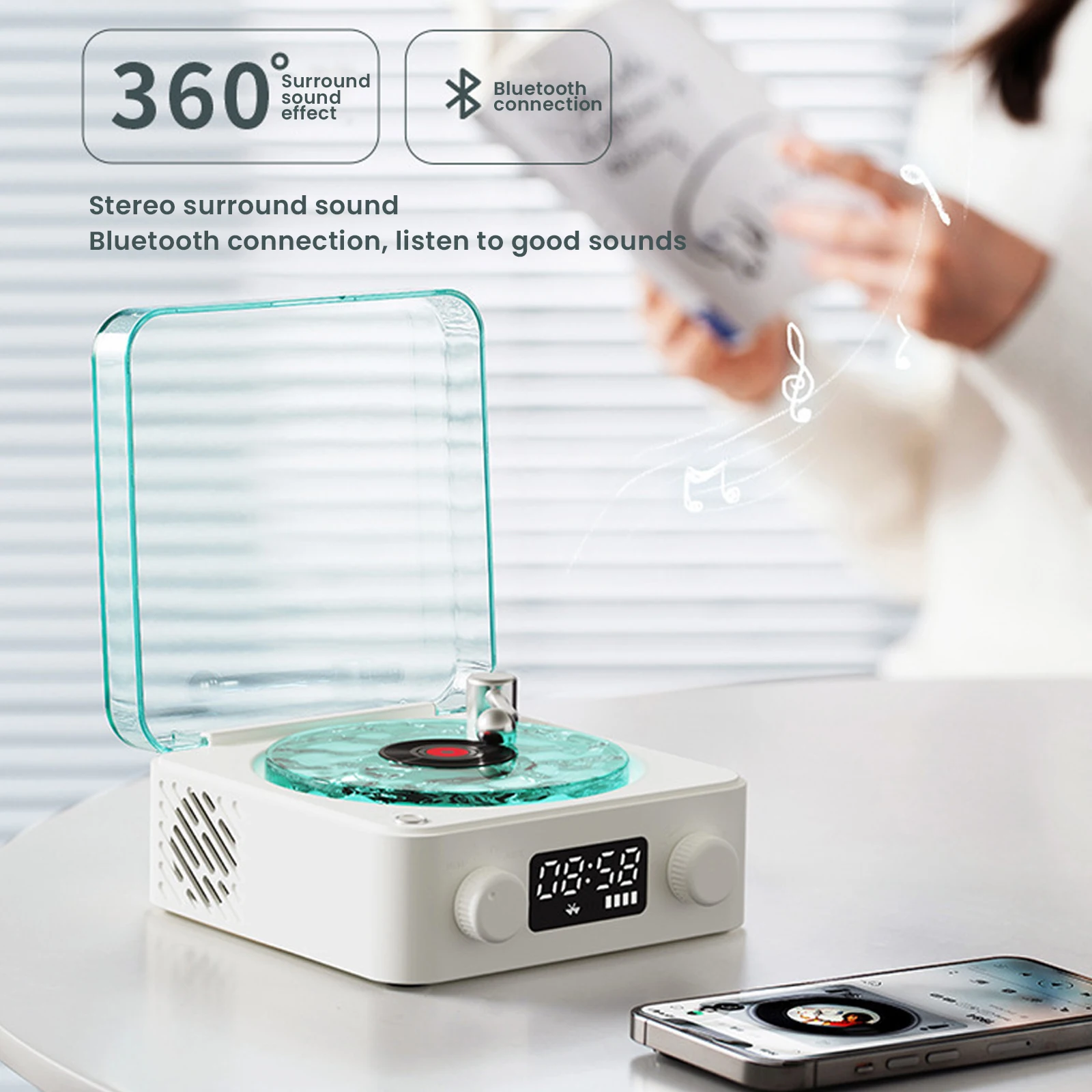 Retro Vinyl Record Player Shaped White Noise Bluetooth Speaker Sleep Aid  Turntable Speaker with Dynamic Water Ripple RGB Light