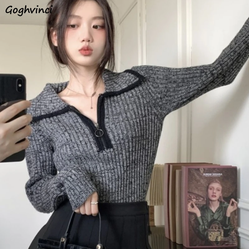 Women Sweaters Zipper Vintage Turn-down Collar Loose Casual Pullovers All-match Slouchy Creativity Temper Korean Style Daily