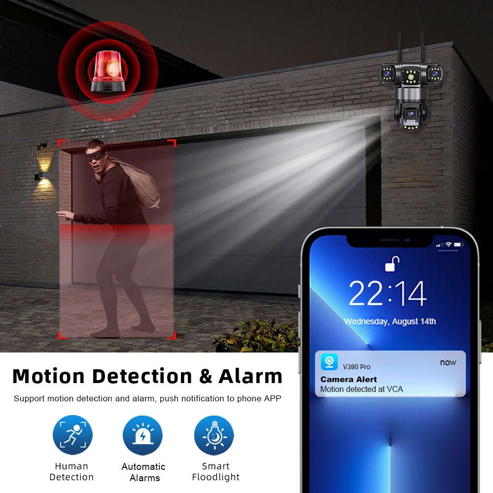 4G SIM ثلاثة عدسة واي فاي كاميرا IP HD 15MP في الهواء الطلق مقاوم للماء اتجاهين الاتصال الداخلي كامل اللون للرؤية الليلية PTZ CCTV V380 PRO كاميرا