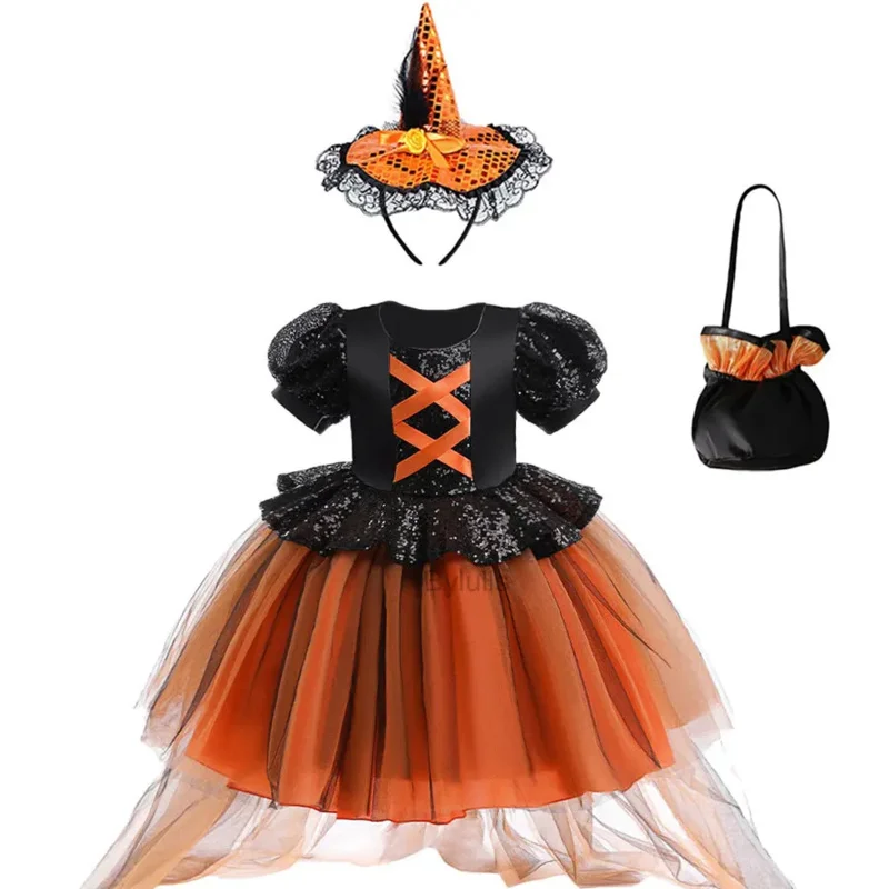 여자를위한 마녀 할로윈 의상 어린이 공주 버블 슬리브 호박 메쉬 카니발 파티 드레스 변장 무서운 코스프레 어린이