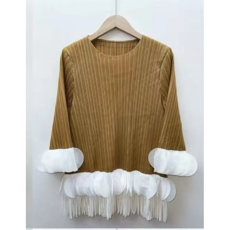 T-shirt coupe cintrée pour femme, avec motif de couleur plissée et bordure en dentelle, décoration 3D, haut à franges, Long, Sve Dr, automne