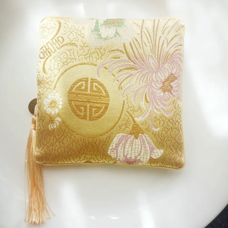 Chinese Beige Square Wallet With Flower & Longevity Character Shou Pattern Coin Purse Tassels Design Cardholder Lucky Accessory