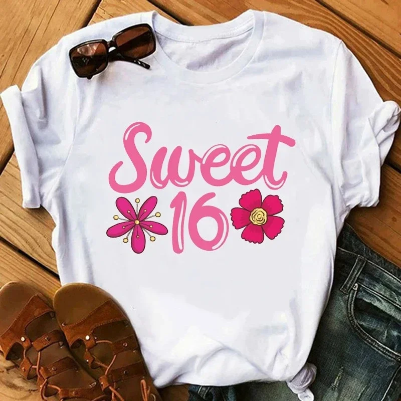 The Queen Of Sweet 16 Birthday Gift Tops For Girls Tshirt Women White Casual T-Shirt Femme Harajuku Shirt Kawaii Clothes