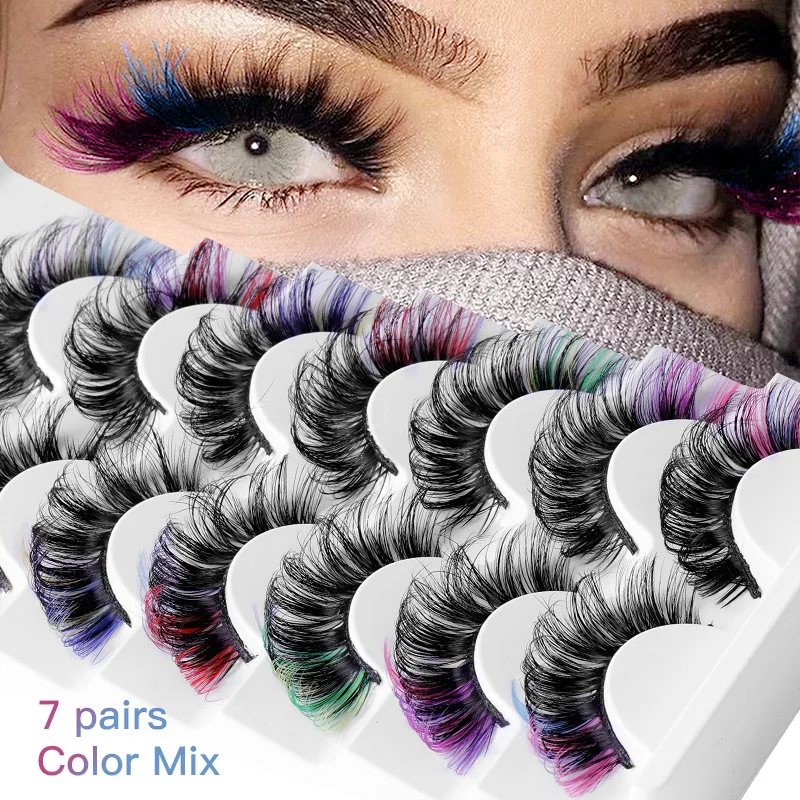 7 pairs of colored false eyelashes russian roll D-curve fluffy soft comics natural thick curled eyelash extension makeup tool