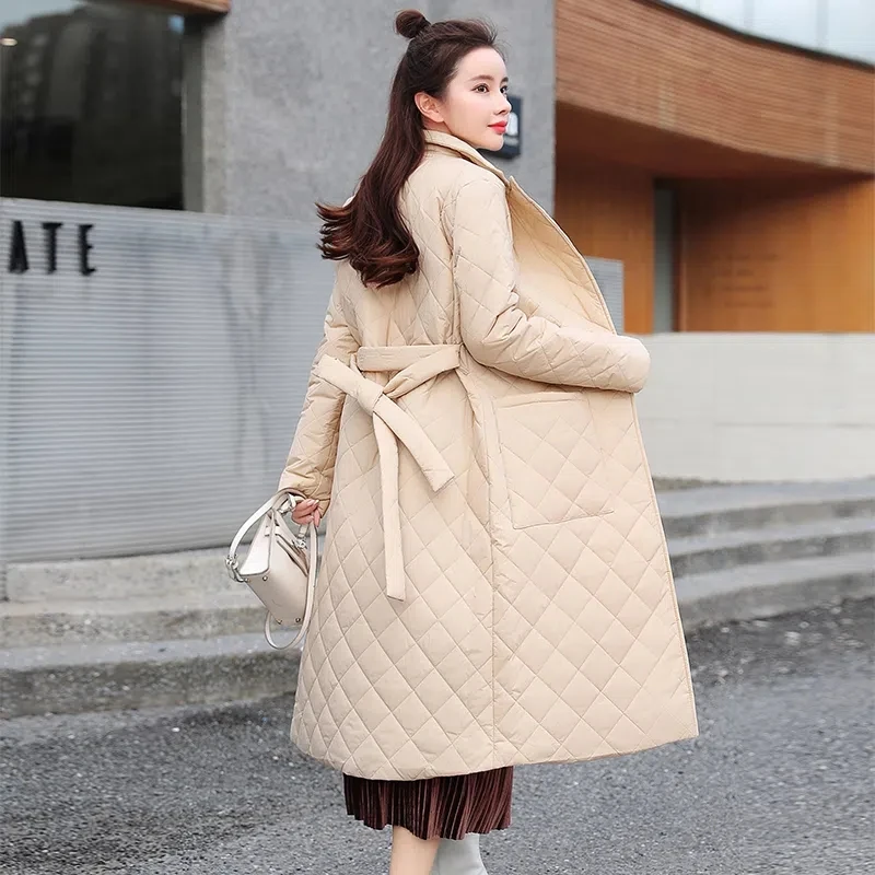

Winter Jacket Women 2024 New Fashion Belted Space Diamond Plaid Parkas Female Casual Long Over Knee Down Cotton Coat Clothing
