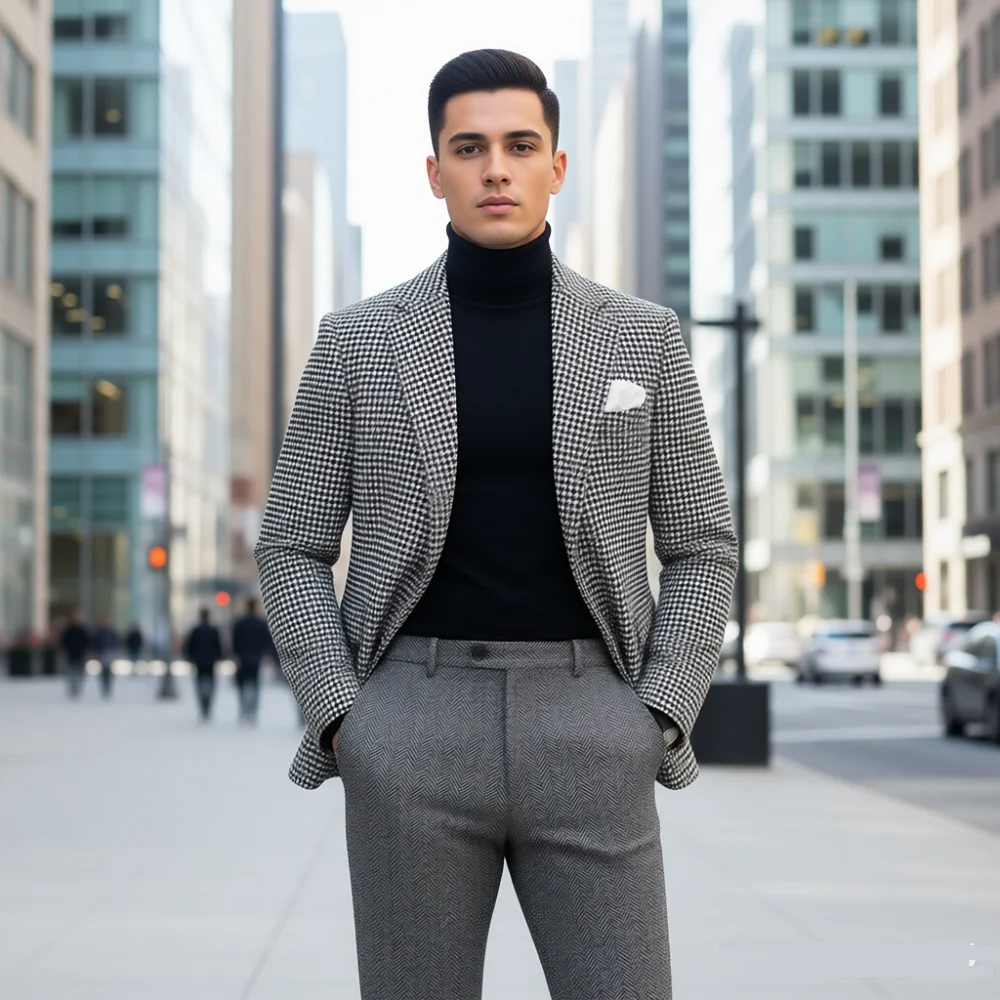 

Men's Slim Fit Herringbone Tuxedo Jacket Set Luxury Cashmere Coat Casual Designer Elegant Business Suit