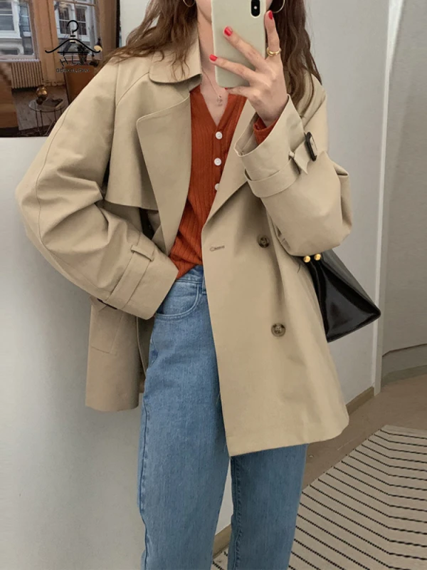 Gabardina corta de estilo coreano para mujer, abrigos elegantes, Tops de manga larga informales, moda Popular, Invierno