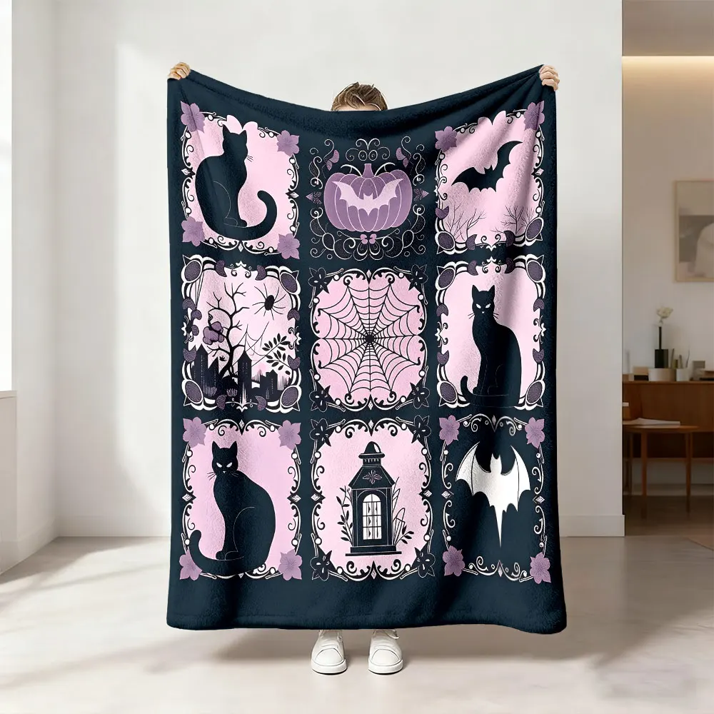 1pc black-pink Halloween dark-themed retro patchwork flannel blanket, suitable for casual sofas and napping during breaks