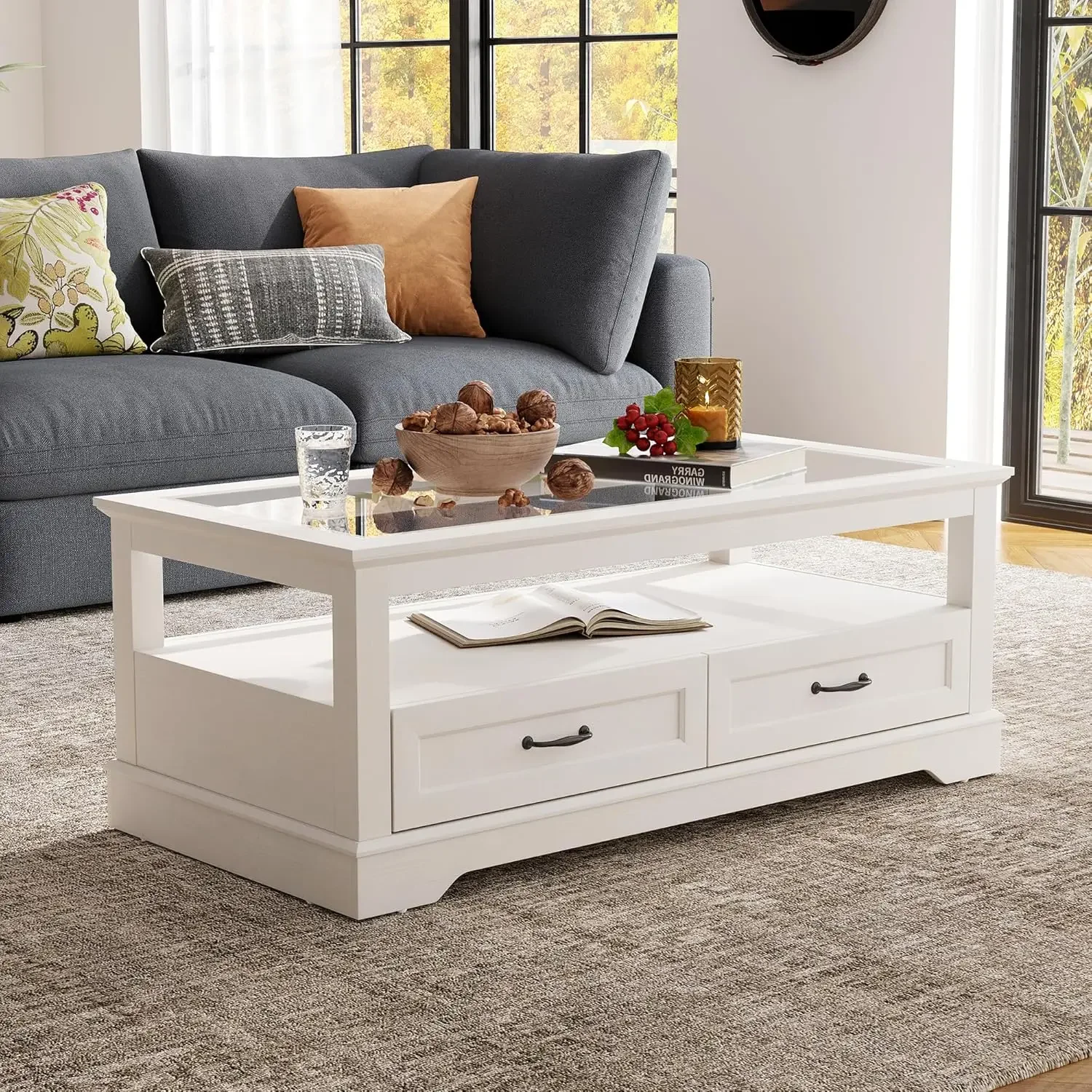 Coffee Table 47" Coffee Table with Glass Tabletop Open Display Area and Storage Drawer Modern Farmhouse Center Table for Living