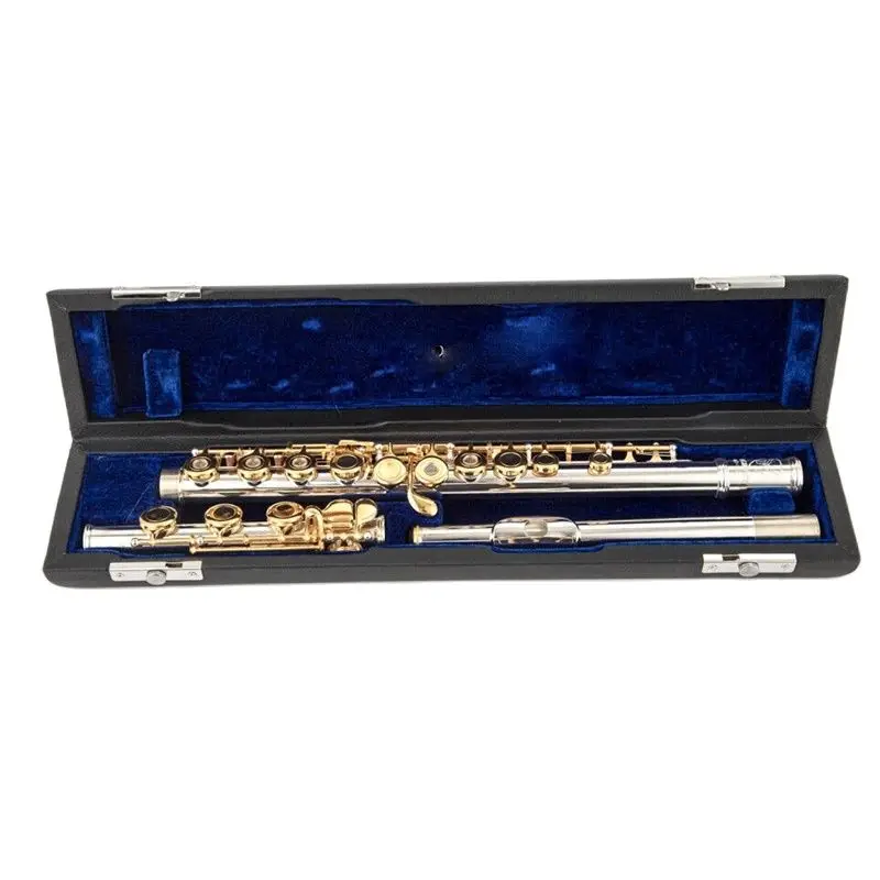 Quality Flute C 17 Open Hole Silver Body Gold Key Instrument with Accessories