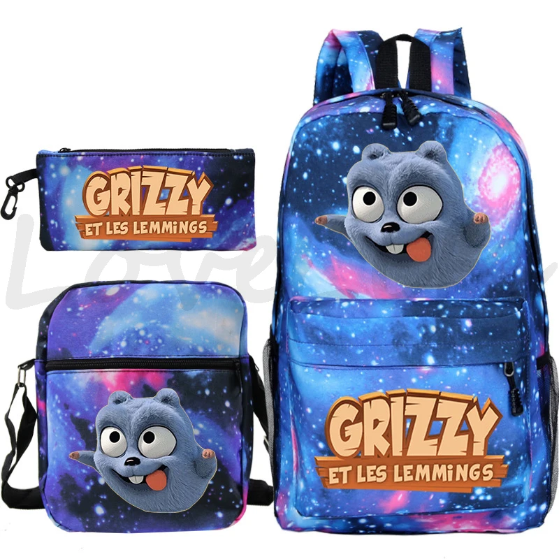 Cartoon Grizzy And Les Lemmings Backpack 3Pcs Set Student School Bags Boys Girls Bookbag Travel Rucksack Anime Backpacks Mochila