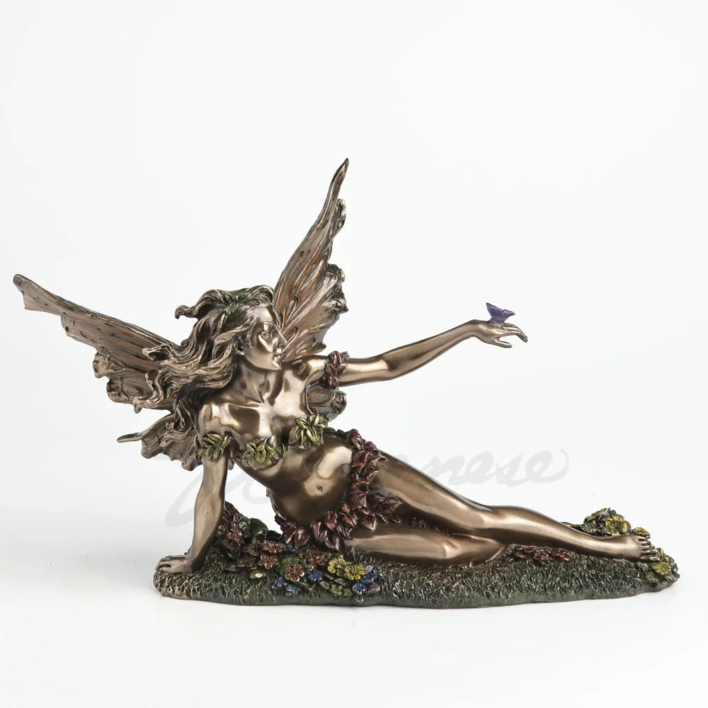 Prone Resting Forest Fairy Figurine Bronze Metallic Finish Butterfly on Wing Floral Moss Base Resin Elf Statue Home Art Ornament