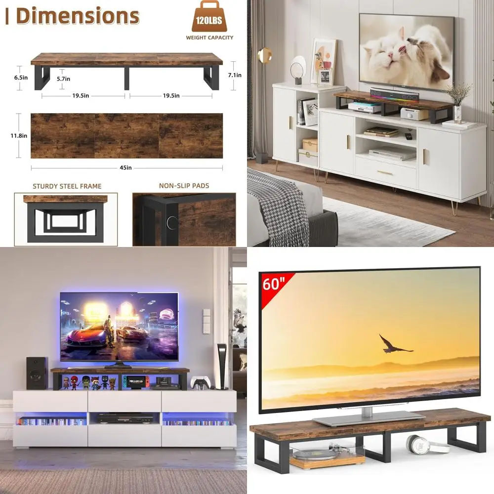 

Elevated TV Stand for 32-60 Inch TVs, Steel Legged Shelf, Home Office TV Riser in Rustic Brown
