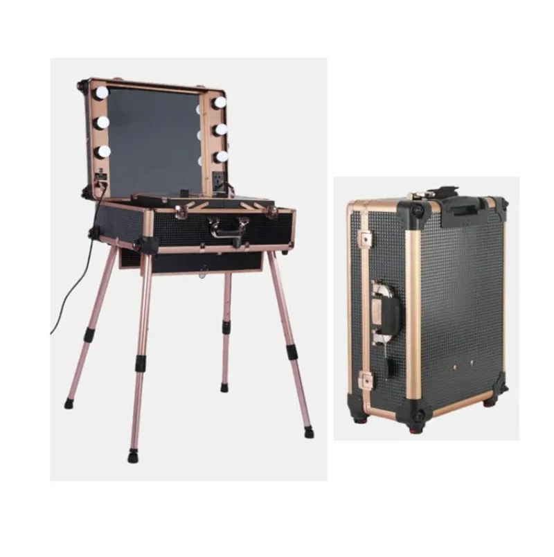 Rose Gold Large Makeup Artist Organizer Kit Cosmetic Organizer Box Makeup Case with Lights and Mirror