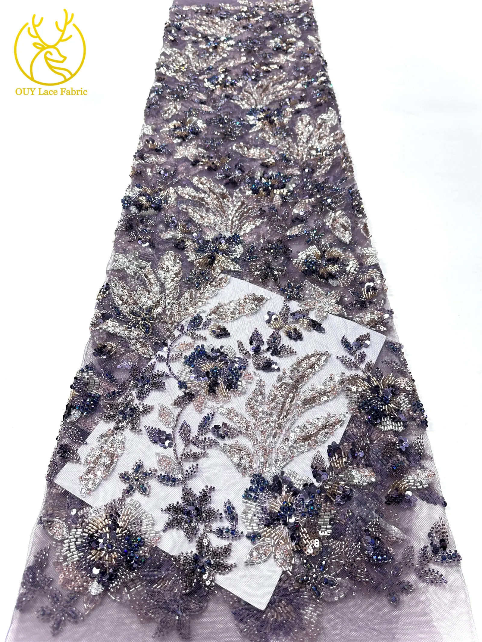 Modischer nigerianischer bestickter Perlen-Spitzenstoff, eleganter afrikanischer Pailletten-Netzstoff für Brautkleider und Partykleider zum Nähen – Detail 28