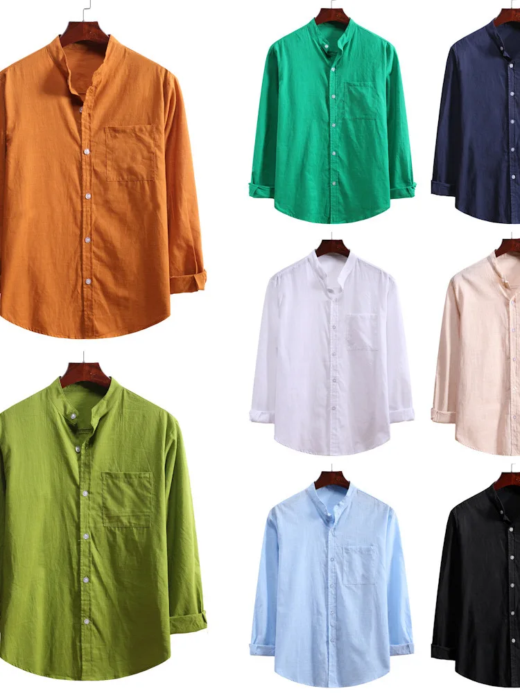 

Men's Pure Color Stand up Collar Long Sve Single Button irt Slim Fit Polyester Fiber Breathable Casual irt for Youth