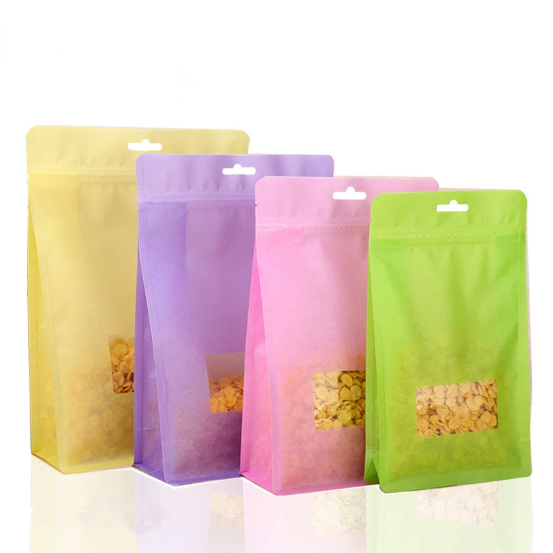 50pcs Matte Green/Pink/Yellow/Purple Cotton Paper Window Ziplock Packaging Bags Snack Biscuit Candy Coffee Tea Storage Pouches