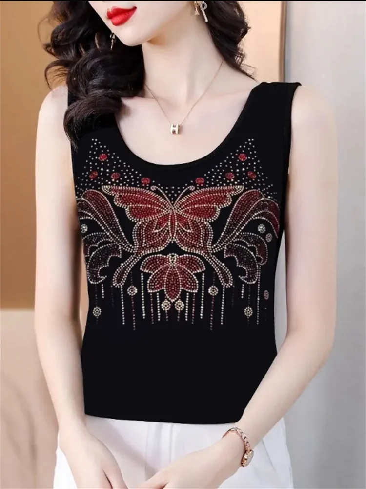 Hot Drill Vest For Women Sleeveless Top Summer Tank Top Slim Bottom Top Butterfly Camisole Outside Wear Femme Vest