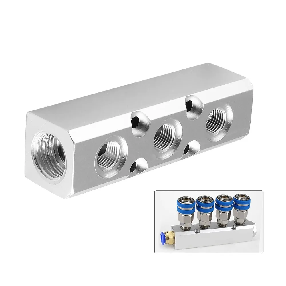 2PCS Aluminum Alloy 3 Way Pneumatic Manifold PT Thread Port G1/4-Inch Output Port Air Manifold Distributor Connector